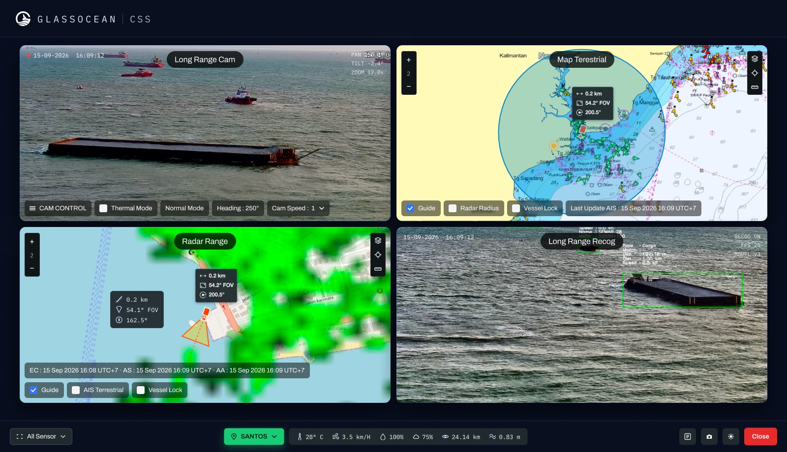 GlassOcean coastal surveillance console: a long-range camera holding a capsized barge, a terrestrial AIS chart of the Balikpapan approaches with the sensor's radar radius drawn on it, a radar range overlay, and the long-range recognition feed boxing the same hull.