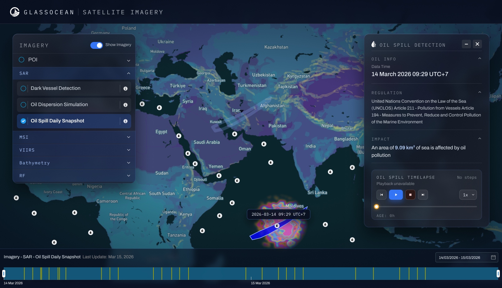 GlassOcean satellite imagery console: a SAR oil spill daily snapshot over the Indian Ocean with a detected slick south of the Maldives, the imagery layer tree, and an oil spill detection panel citing UNCLOS Article 211.