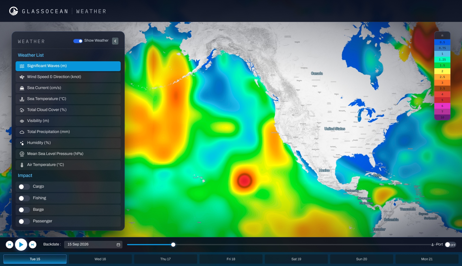 GlassOcean weather console: a significant wave height field across the North Pacific and the western Atlantic with the layer list open on Significant Waves, per-vessel-type impact toggles, a wave-height scale in metres, and a seven-day forecast strip.